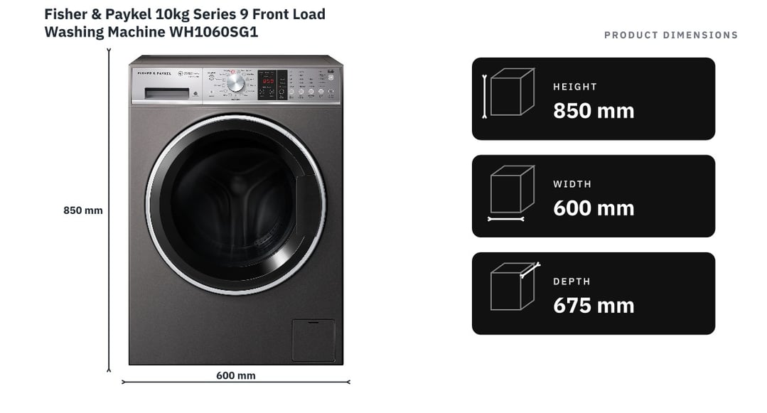 Fisher & Paykel 10kg Series 9 Front Load Washing Machine WH1060SG1 — product dimensions
