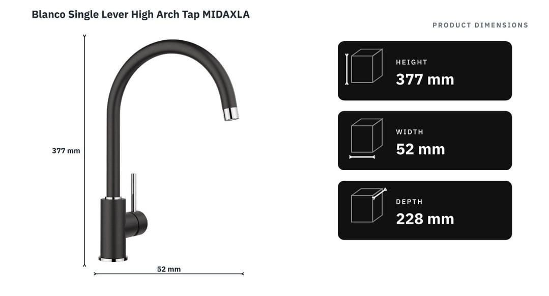 Blanco Single Lever High Arch Tap MIDAXLA — product dimensions