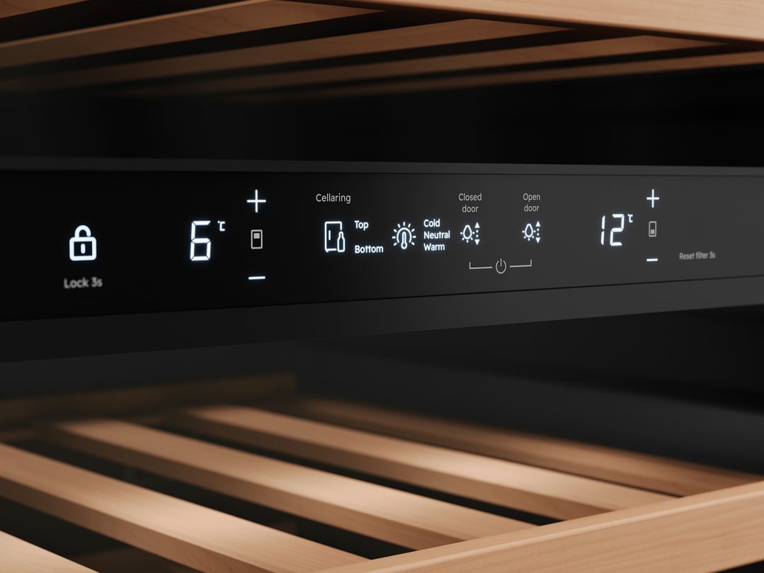 Close up of a wine cabinet's digital display showing temperature and settings