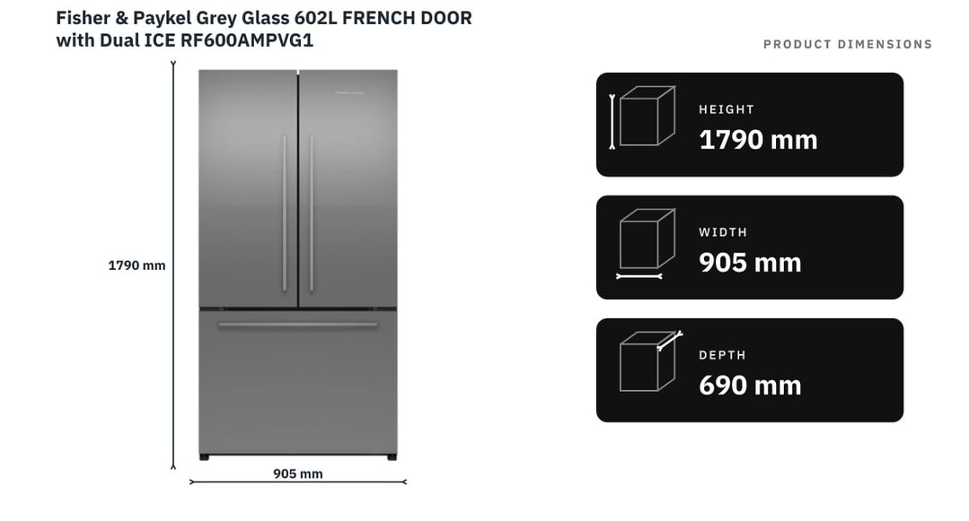 Fisher & Paykel Grey Glass 602L FRENCH DOOR with Dual ICE RF600AMPVG1 — product dimensions