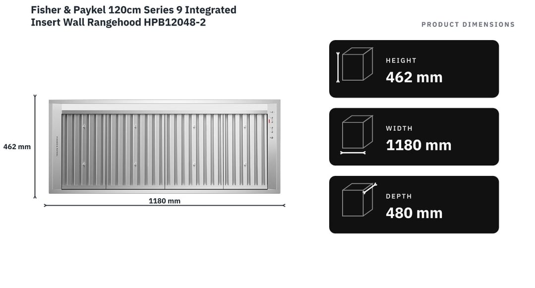 Fisher & Paykel 120cm Series 9 Integrated Insert Wall Rangehood HPB12048-2 — product dimensions
