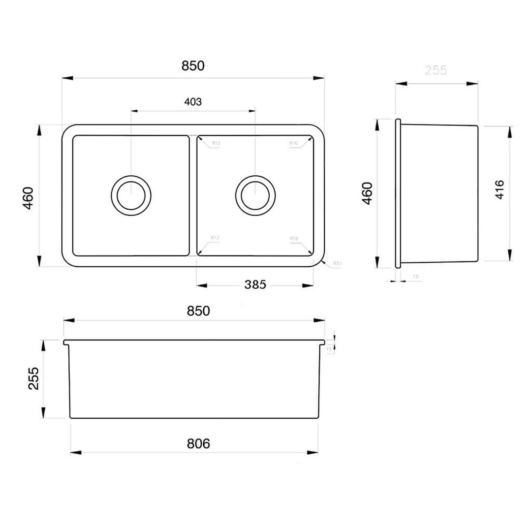 Turner Hastings Cuisine 85 x 46 Double Inset / Undermount Fine Fireclay Matte White Sink CUD853FS-MW