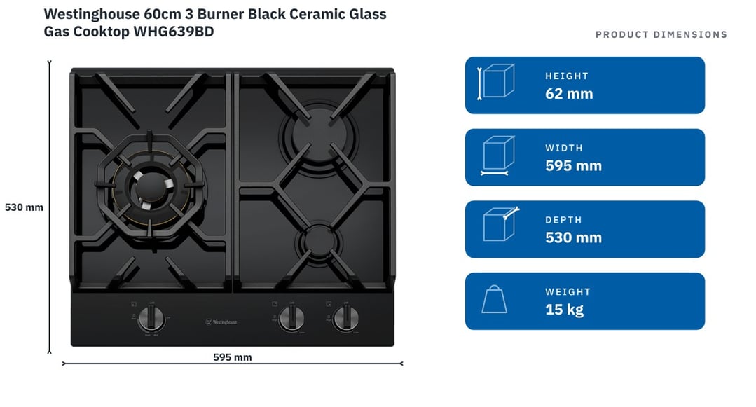 Westinghouse 60cm 3 Burner Black Ceramic Glass Gas Cooktop WHG639BD