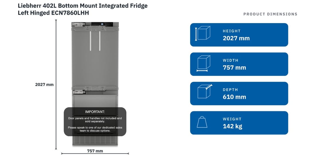 Liebherr 402L Bottom Mount Integrated Fridge Left Hinged ECN7860LHH