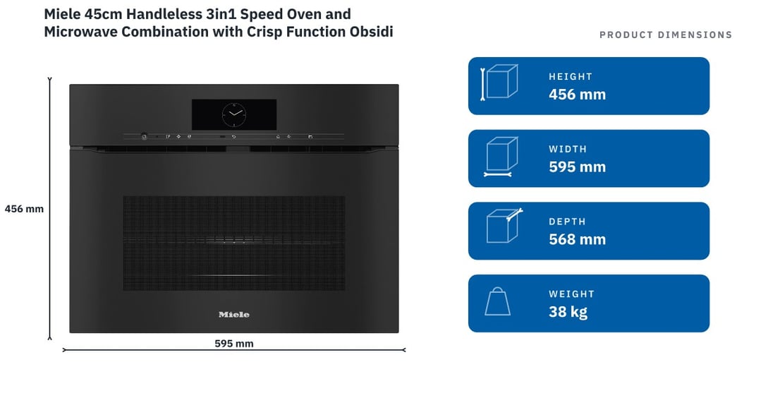 Miele 45cm Handleless 3in1 Speed Oven and Microwave Combination with Crisp Function Obsidian Black H7840BMXOBSW — product dimensions