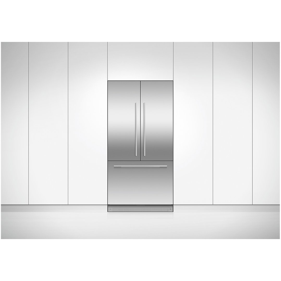 Integrated French door refrigerator freezer in a modern white kitchen setting