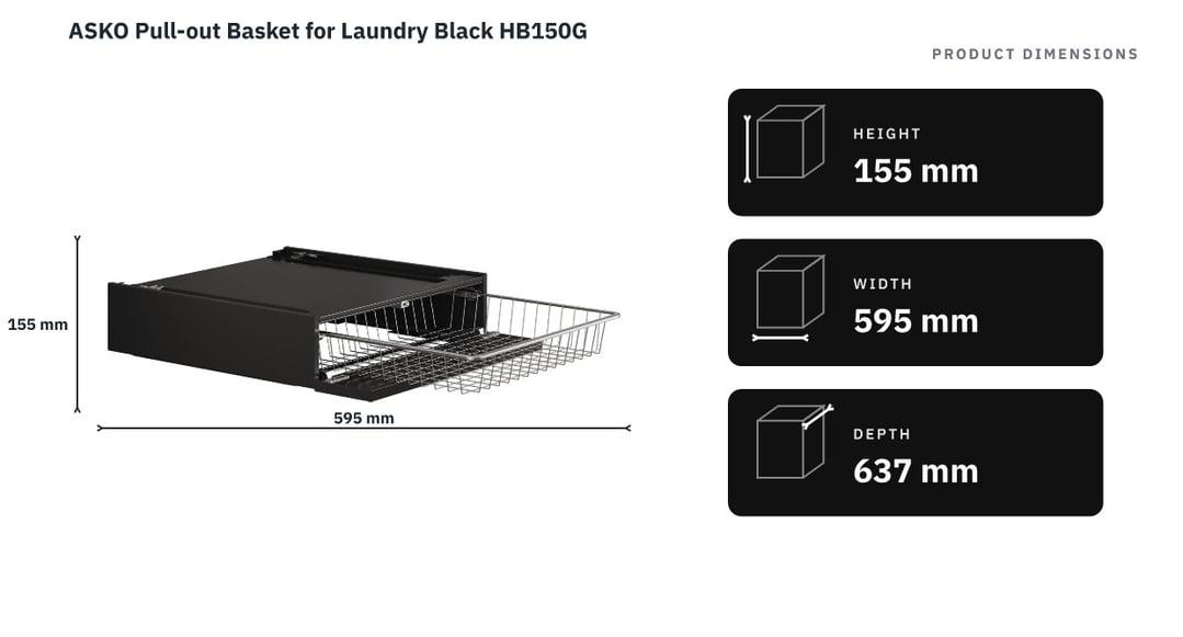ASKO Pull-out Basket for Laundry Black HB150G — product dimensions