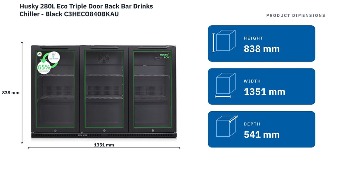 Husky 280L Eco Triple Door Back Bar Drinks Chiller - Black C3HECO840BKAU