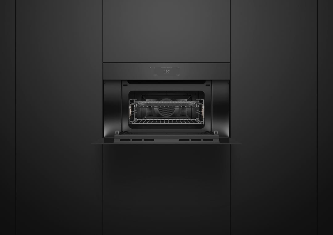 Fisher & Paykel 76cm Series 9, Minimal Handleless Compact Combi-Microwave Oven, Black Glass OM76NMUNB3