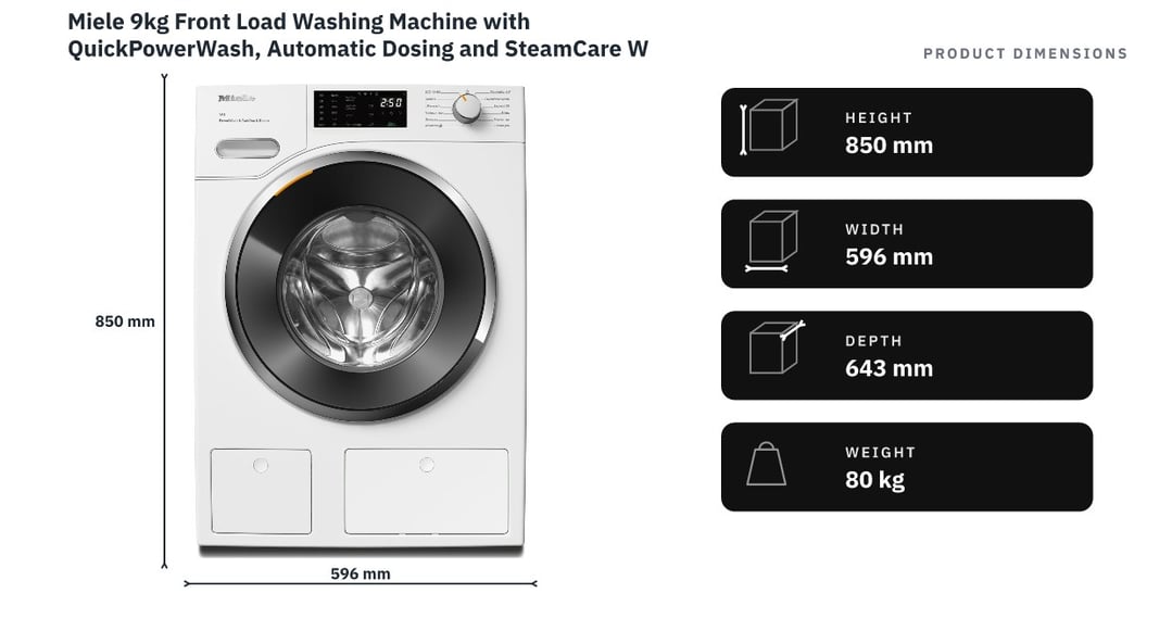 Miele 9kg Front Load Washing Machine with QuickPowerWash, Automatic Dosing and SteamCare WWG880WCS — product dimensions