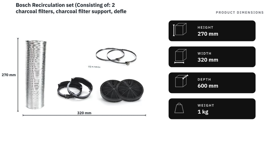 Bosch Recirculation set (Consisting of: 2 charcoal filters, charcoal filter support, deflector, flexible hose ø 150 mm and 1500 mm long, 2 clamps, mounting material) suits DHL575CAU / DHL785BAU / DHL895CAU / DHL895DAU DHZ5605 — product dimensions