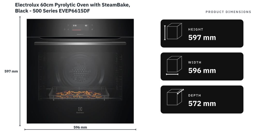 Electrolux 60cm Pyrolytic Oven with SteamBake, Black - 500 Series EVEP6615DF — product dimensions