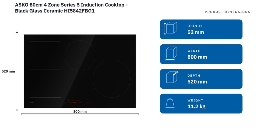 ASKO 80cm 4 Zone Series 5 Induction Cooktop - Black Glass Ceramic HI5842FBG1 — product dimensions