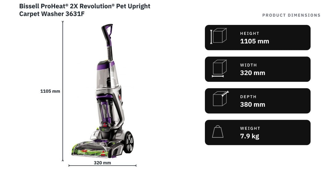 Bissell ProHeat® 2X Revolution® Pet Upright Carpet Washer 3631F — product dimensions