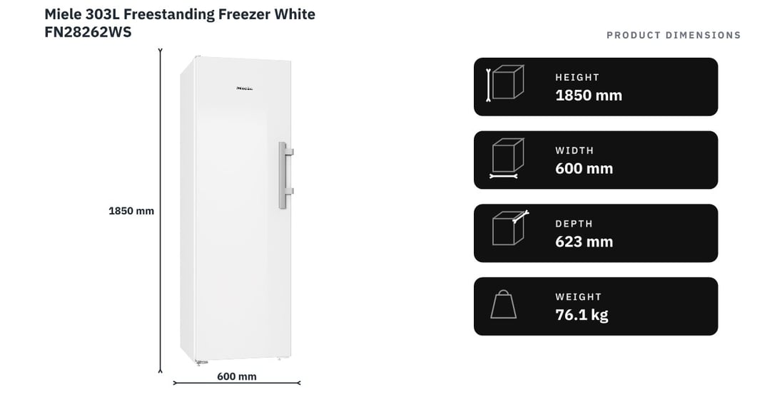 Miele 303L Freestanding Freezer White FN28262WS — product dimensions