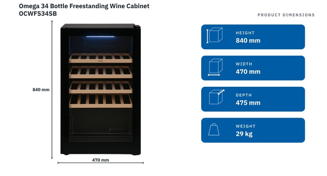 Omega 34 Bottle Freestanding Wine Cabinet OCWFS34SB — product dimensions
