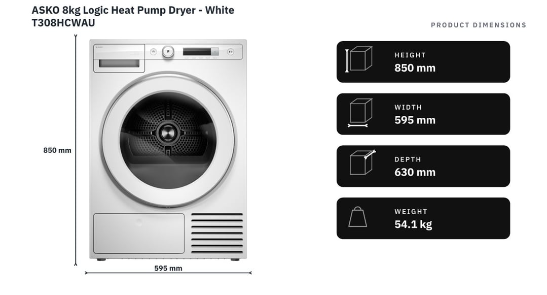 ASKO 8kg Logic Heat Pump Dryer - White T308HCWAU — product dimensions