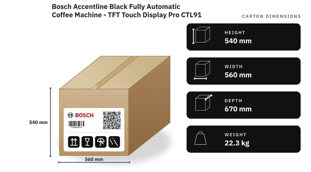 Bosch Accentline Black Fully Automatic Coffee Machine - TFT Touch Display Pro CTL9181B0 — packaged dimensions
