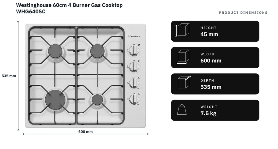 Westinghouse 60cm 4 Burner Gas Cooktop WHG640SC — product dimensions