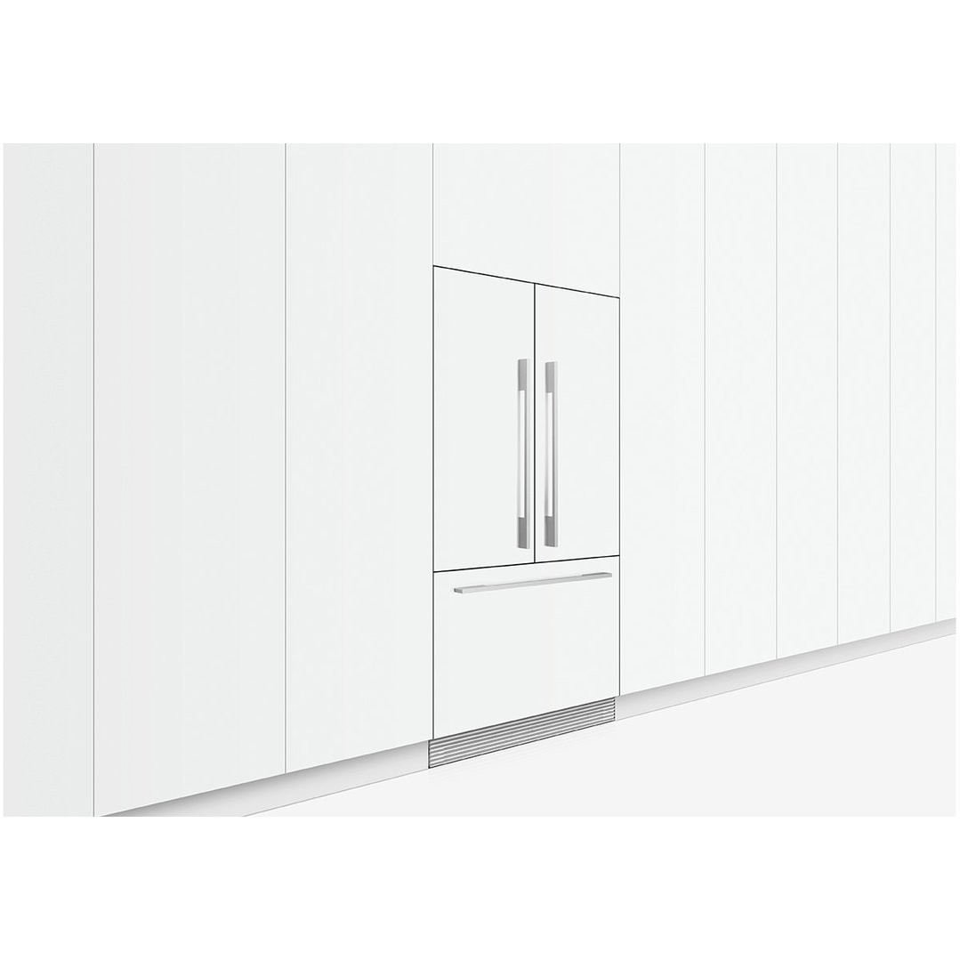 Integrated French door refrigerator freezer built into white kitchen cabinetry