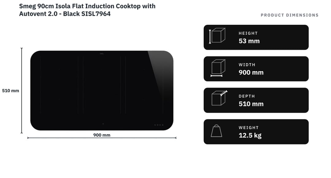 Smeg 90cm Isola Flat Induction Cooktop with Autovent 2.0 - Black SISL7964 — product dimensions