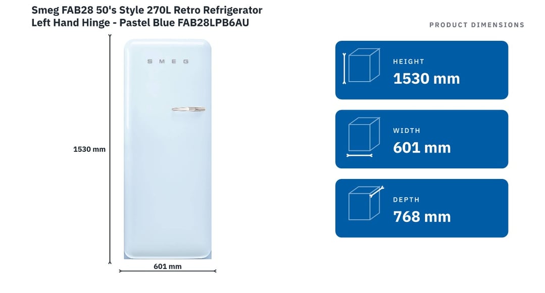 Smeg FAB28 50's Style 270L Retro Refrigerator Left Hand Hinge - Pastel Blue FAB28LPB6AU