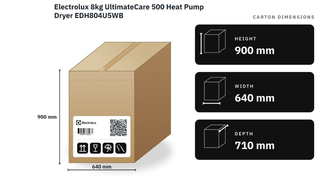 Electrolux 8kg UltimateCare 500 Heat Pump Dryer EDH804U5WB — packaged dimensions