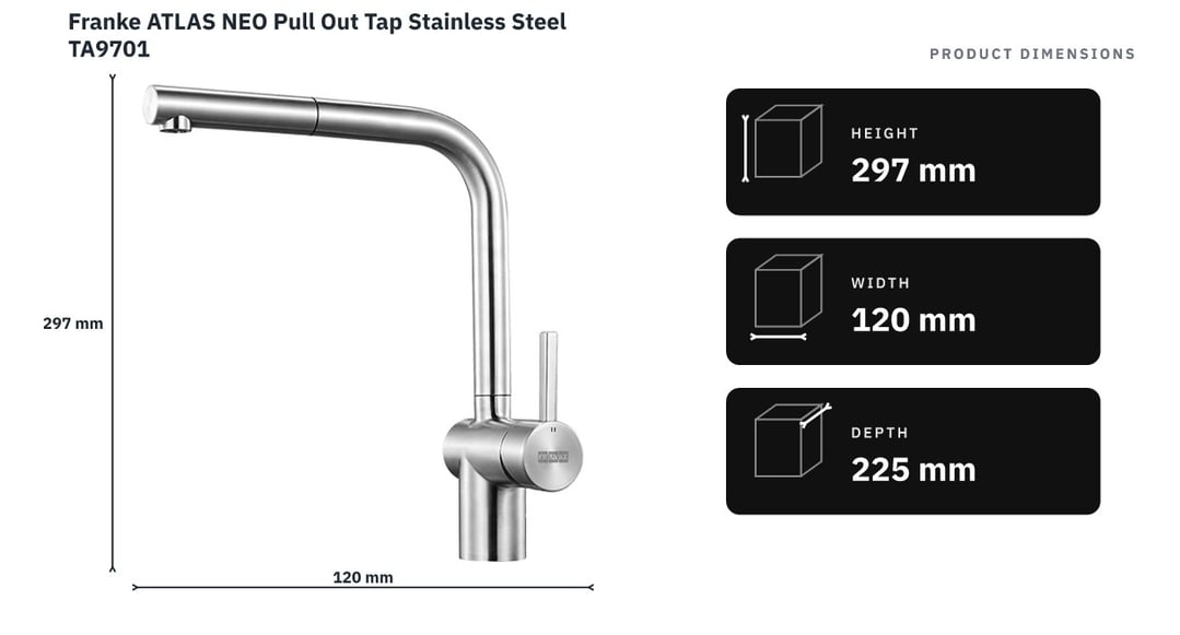 Franke ATLAS NEO Pull Out Tap Stainless Steel TA9701 — product dimensions
