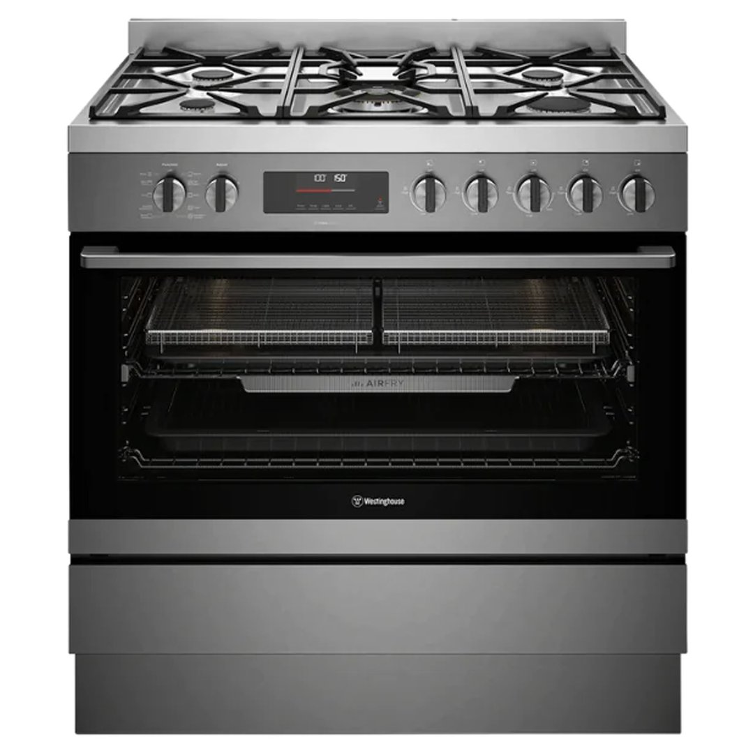 90cm dual fuel freestanding oven with 5 burner gas cooktop, multifunction 10 pyrolytic oven