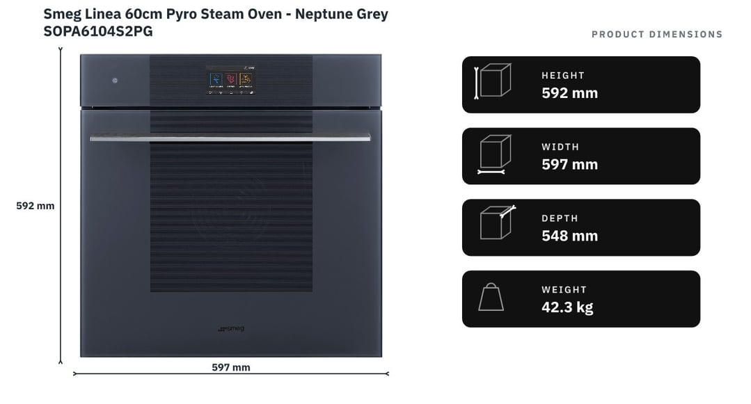 Smeg Linea 60cm Pyro Steam Oven - Neptune Grey SOPA6104S2PG — product dimensions