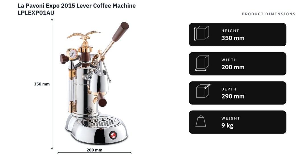 La Pavoni Expo 2015 Lever Coffee Machine LPLEXP01AU — product dimensions