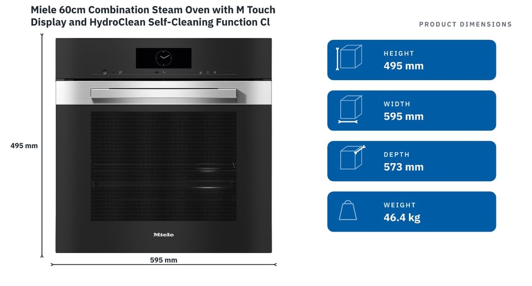 Miele 60cm Combination Steam Oven with M Touch Display and HydroClean Self-Cleaning Function CleanSteel DGC7860HCPROCLST — product dimensions