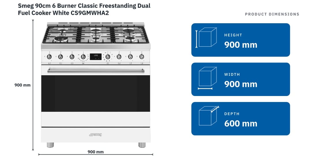 Smeg 90cm 6 Burner Classic Freestanding Dual Fuel Cooker White CS9GMWHA2