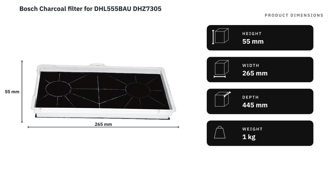 Bosch Charcoal filter for DHL555BAU DHZ7305 — product dimensions