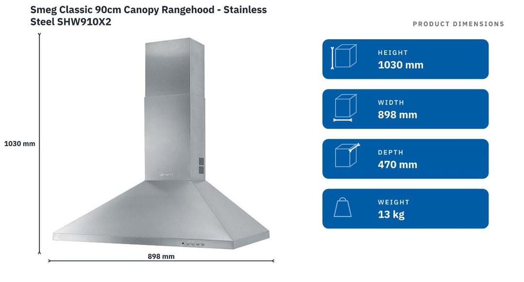 Smeg Classic 90cm Canopy Rangehood - Stainless Steel SHW910X2