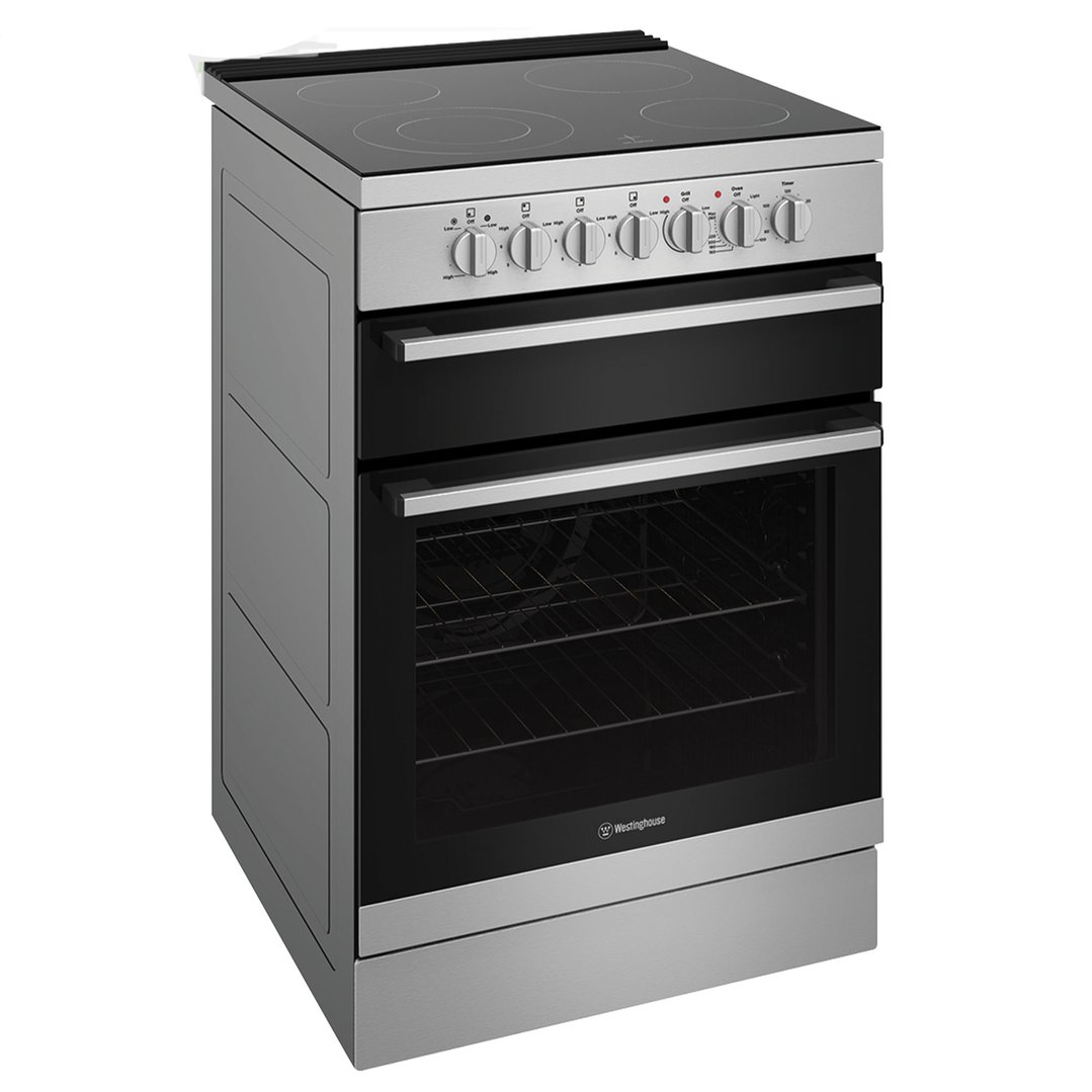 Westinghouse 60cm freestanding electric oven and ceramic cooktop, stainless steel. WFE642SCB