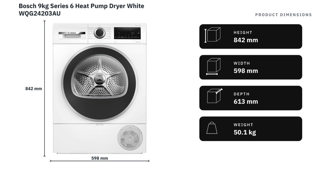 Bosch 9kg Series 6 Heat Pump Dryer White WQG24203AU — product dimensions