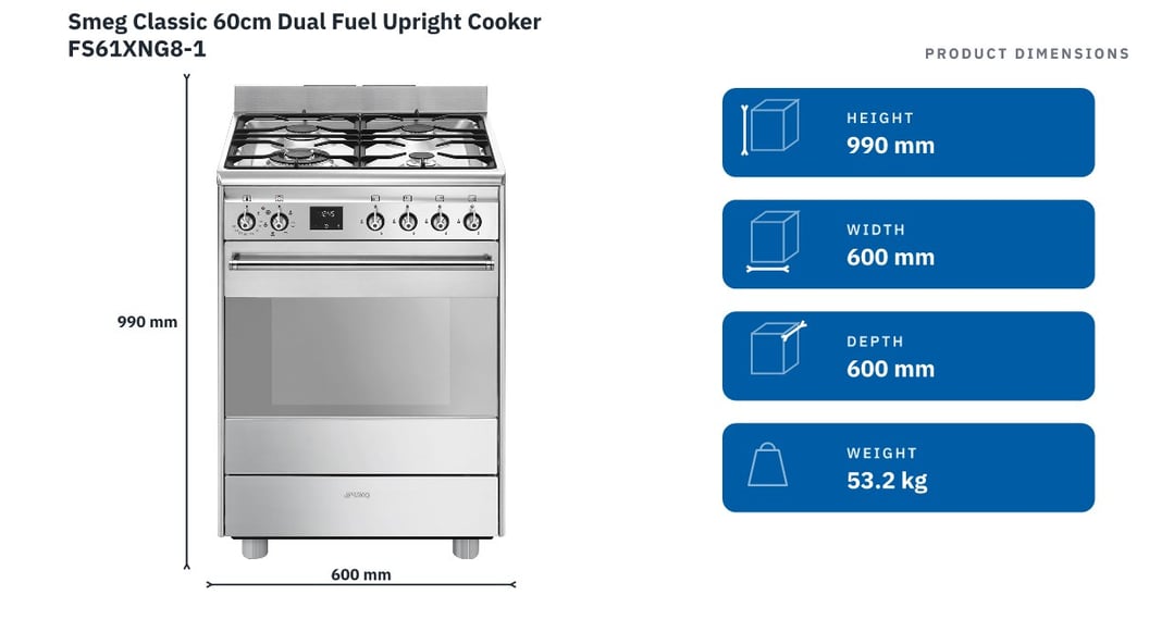 Smeg Classic 60cm Dual Fuel Upright Cooker FS61XNG8-1