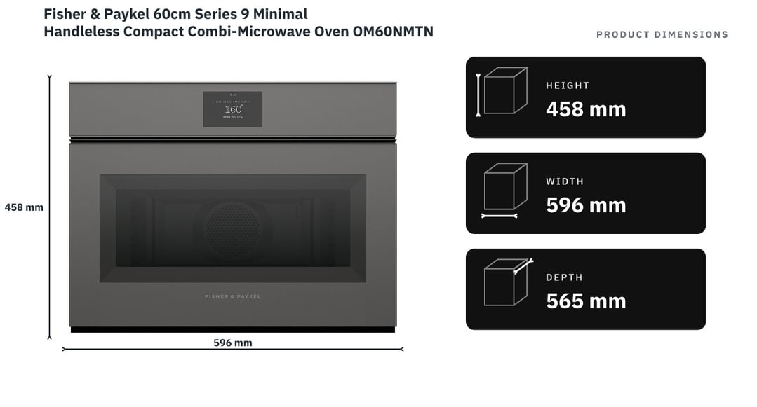 Fisher & Paykel 60cm Series 9 Minimal Handleless Compact Combi-Microwave Oven OM60NMTNG1 — product dimensions