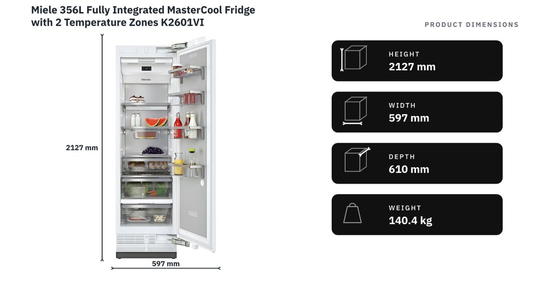 Miele 356L Fully Integrated MasterCool Fridge with 2 Temperature Zones K2601VI — product dimensions