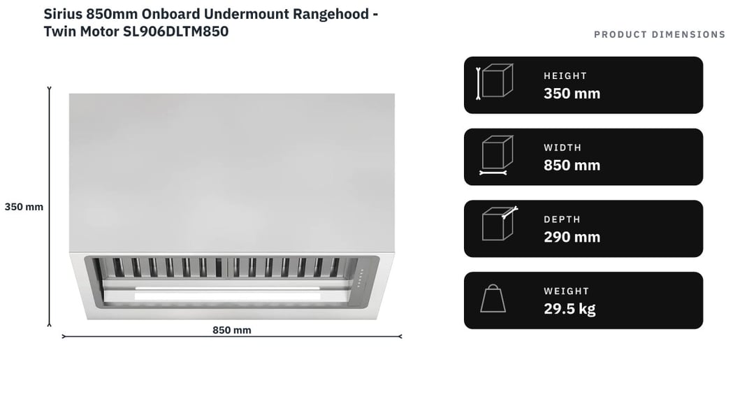 Sirius 850mm Onboard Undermount Rangehood - Twin Motor SL906DLTM850 — product dimensions