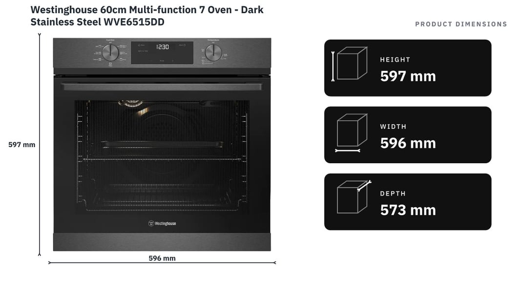 Westinghouse 60cm Multi-function 7 Oven - Dark Stainless Steel WVE6515DD — product dimensions