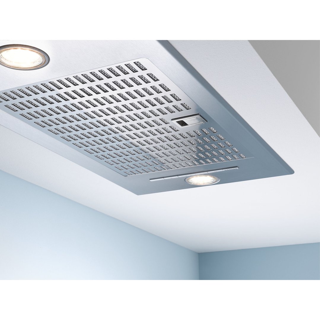 Built-in rangehood with lights and controls, installed in a kitchen ceiling
