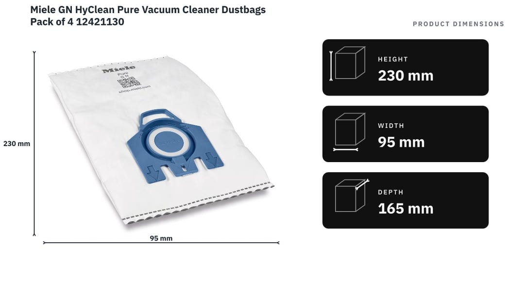 Miele GN HyClean Pure Vacuum Cleaner Dustbags Pack of 4 12421130 — product dimensions