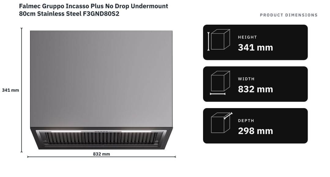 Falmec Gruppo Incasso Plus No Drop Undermount 80cm Stainless Steel F3GND80S2 — product dimensions