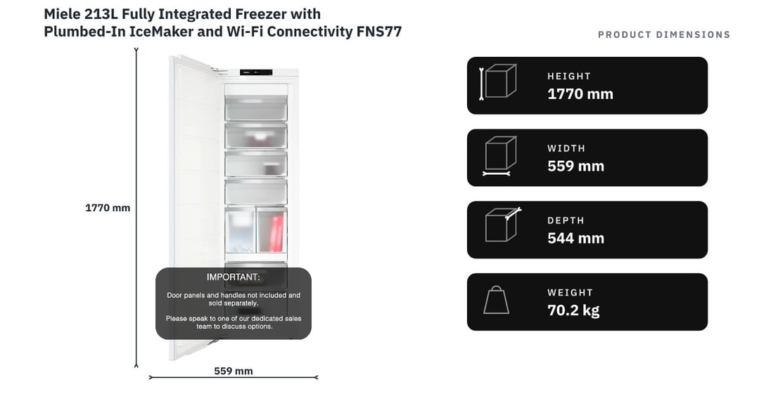 Miele 213L Fully Integrated Freezer with Plumbed-In IceMaker and Wi-Fi Connectivity FNS7794E — product dimensions
