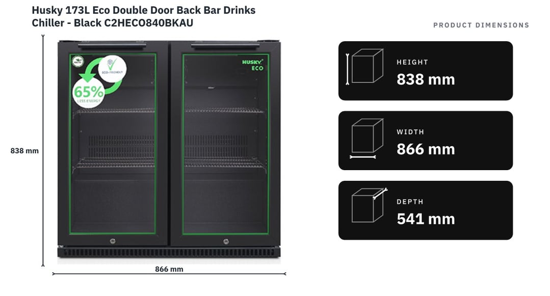 Husky 173L Eco Double Door Back Bar Drinks Chiller - Black C2HECO840BKAU — product dimensions