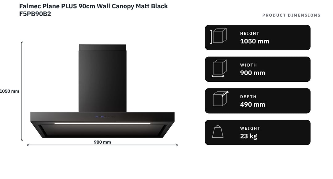 Falmec Plane PLUS 90cm Wall Canopy Matt Black F5PB90B2 — product dimensions