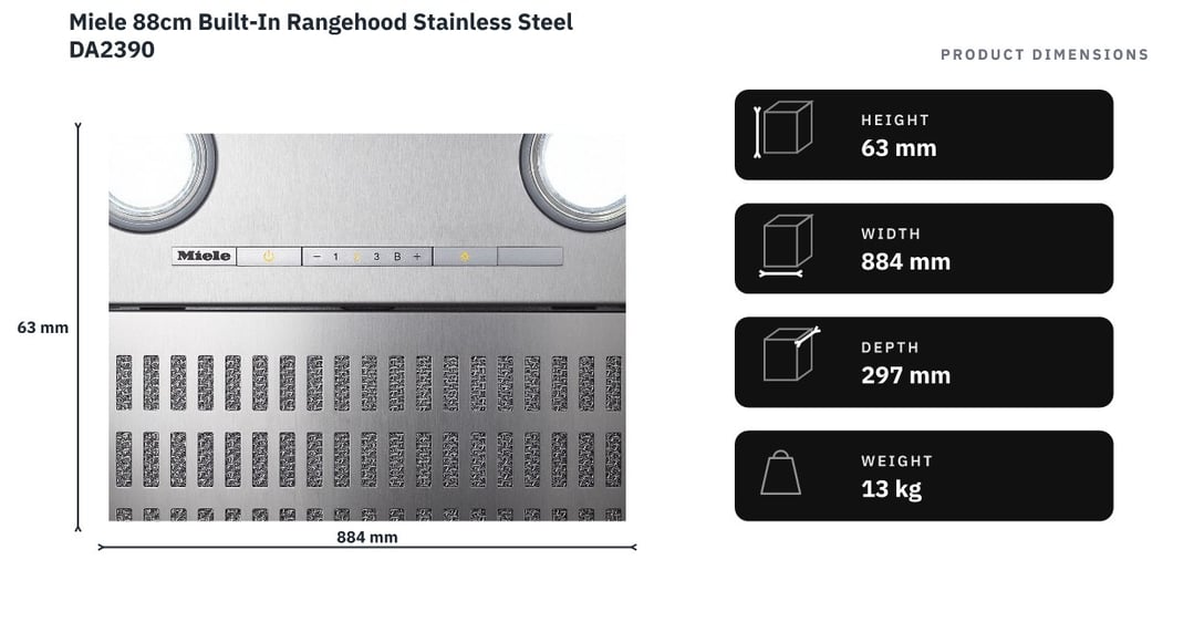 Miele 88cm Built-In Rangehood Stainless Steel DA2390 — product dimensions