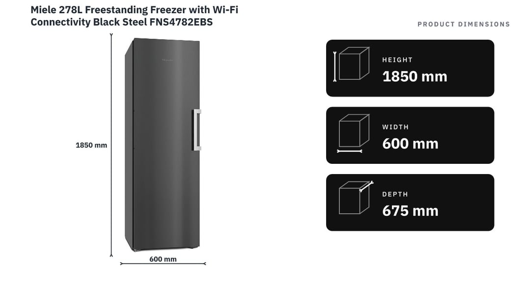Miele 278L Freestanding Freezer with Wi-Fi Connectivity Black Steel FNS4782EBS — product dimensions